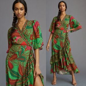 Farm Rio x Anthropologie Flutter-Sleeve Wrap Maxi Dress in Green XS